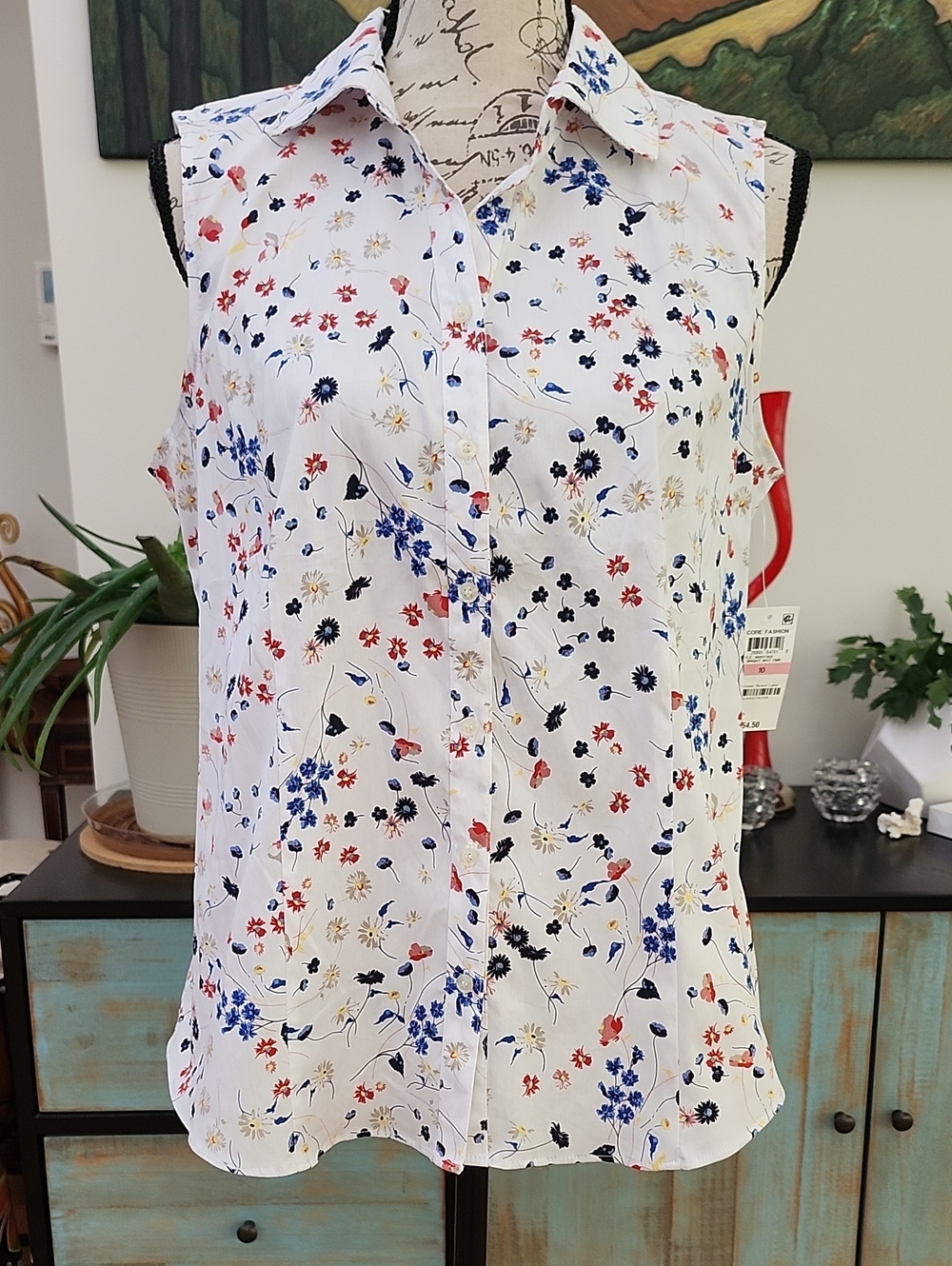 NWT Charter Club Sleeveless Floral Button Down Blouse